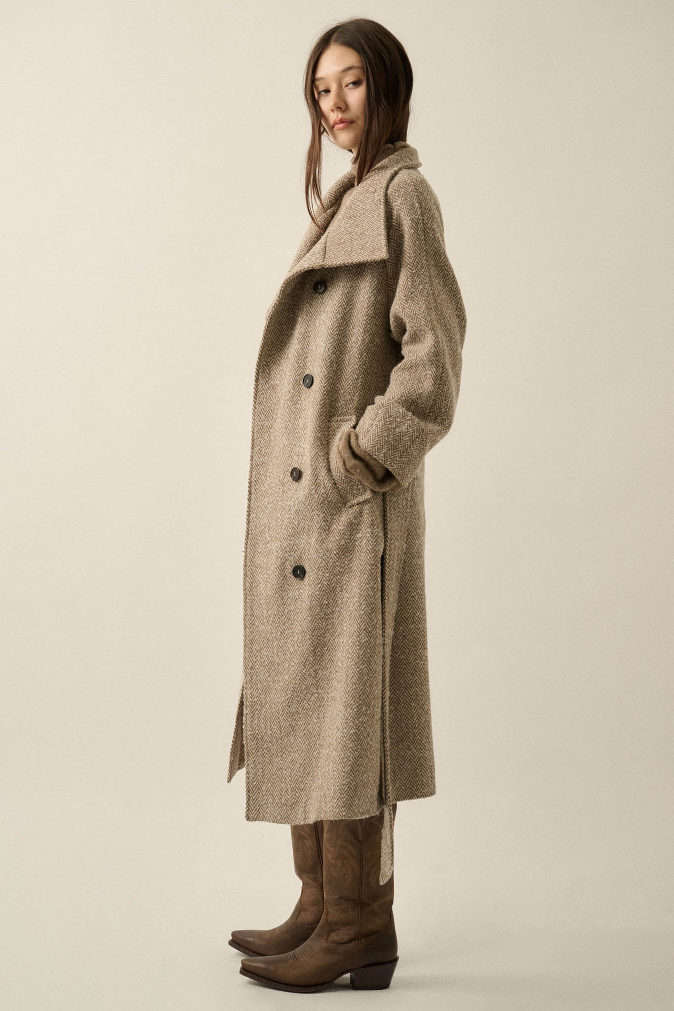 High Road Herringbone Tweed Belted Overcoat - ShopPromesa