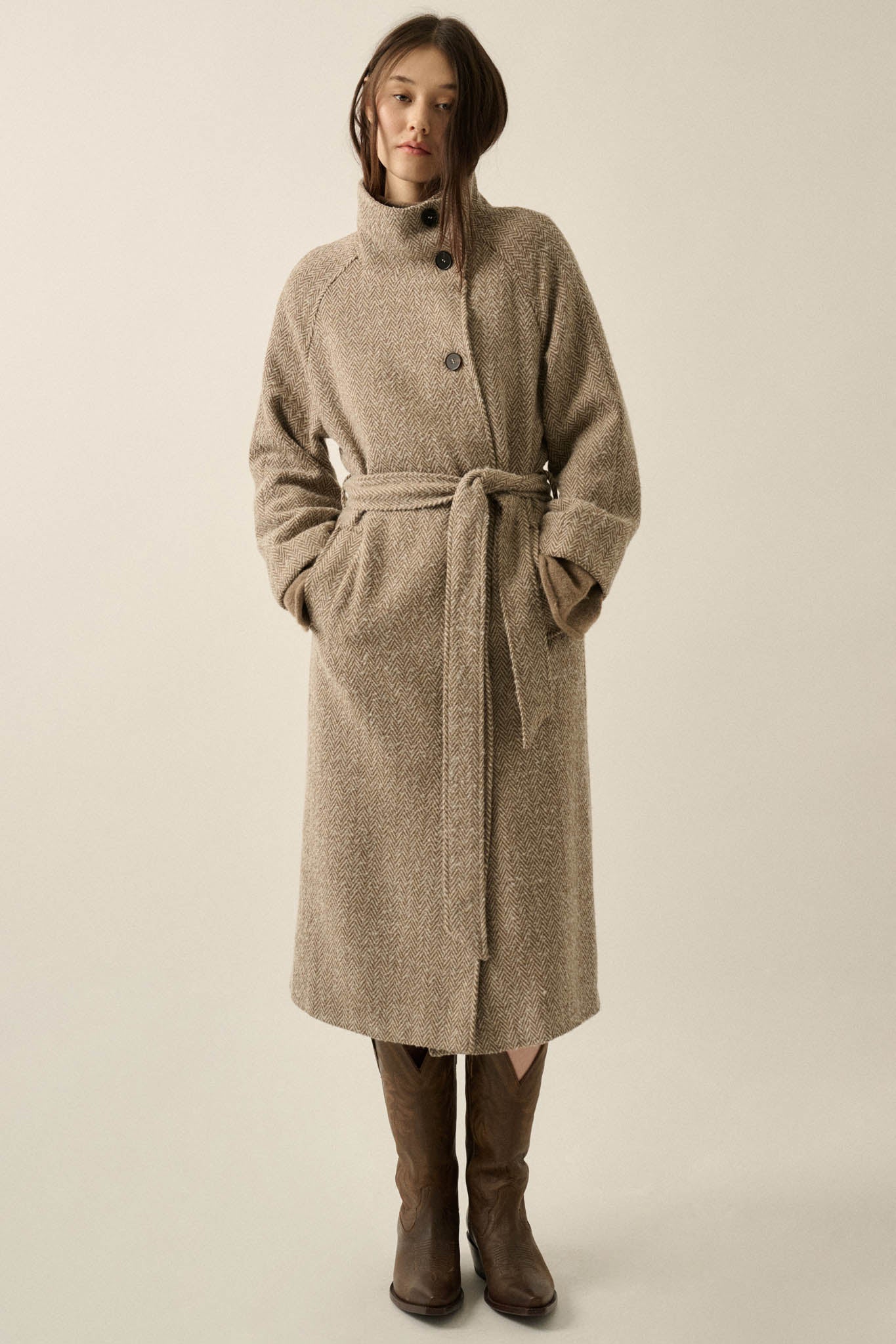 High Road Herringbone Tweed Belted Overcoat - ShopPromesa