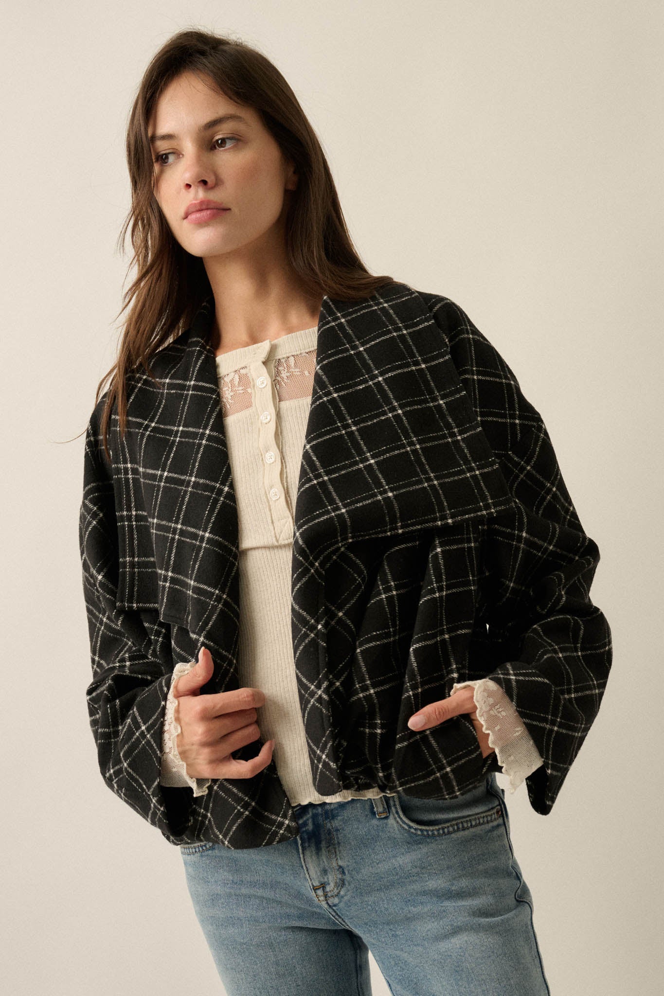 Check It Out Plaid Flannel Waterfall Lapel Jacket - ShopPromesa