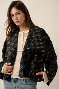 Check It Out Plaid Flannel Waterfall Lapel Jacket - ShopPromesa