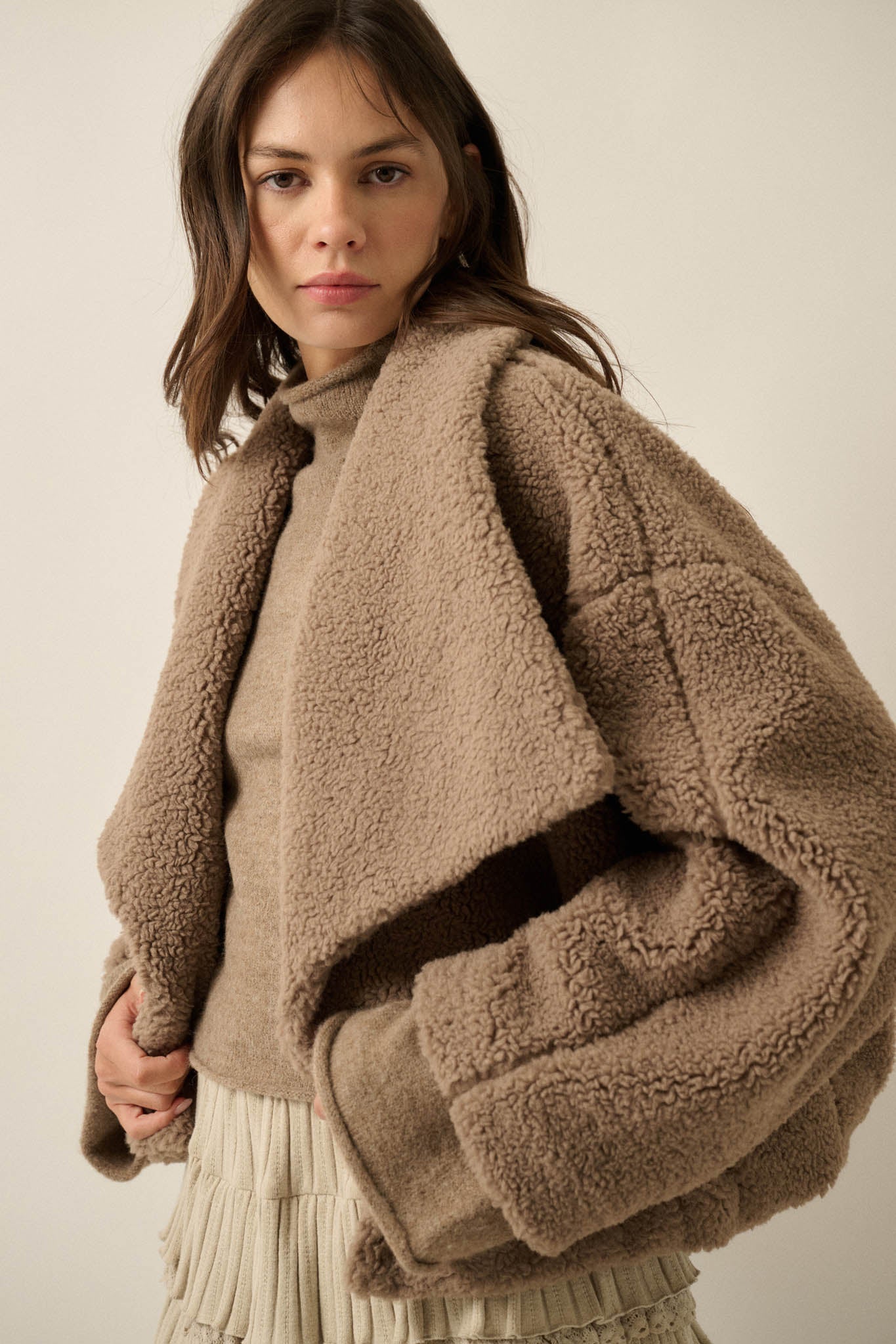 Sure Thing Sherpa Fleece Waterfall Lapel Jacket - ShopPromesa