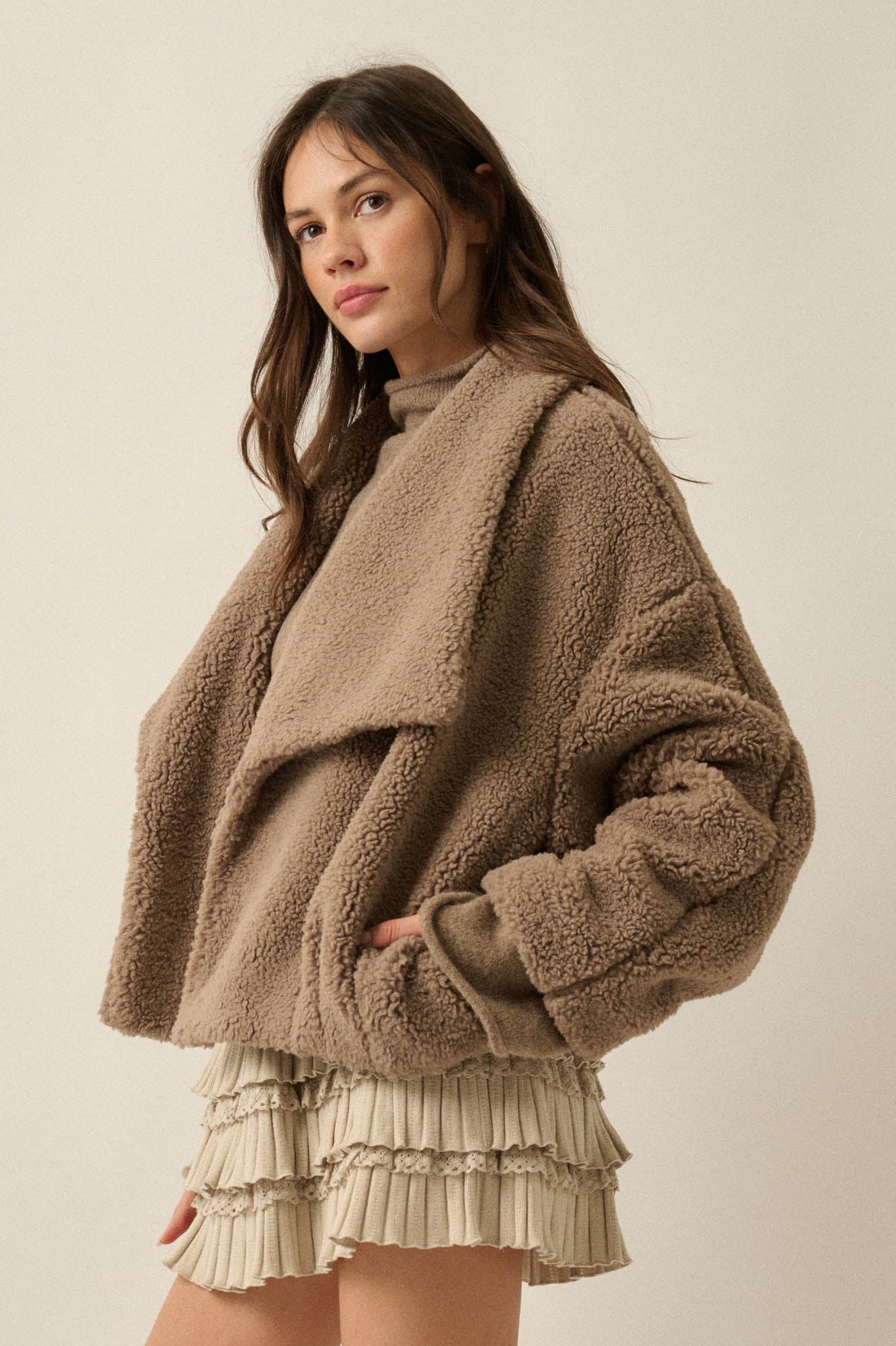 Sure Thing Sherpa Fleece Waterfall Lapel Jacket - ShopPromesa