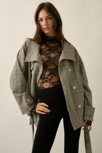 Plaid News Funnel-Neck Double-Breasted Belted Jacket - ShopPromesa