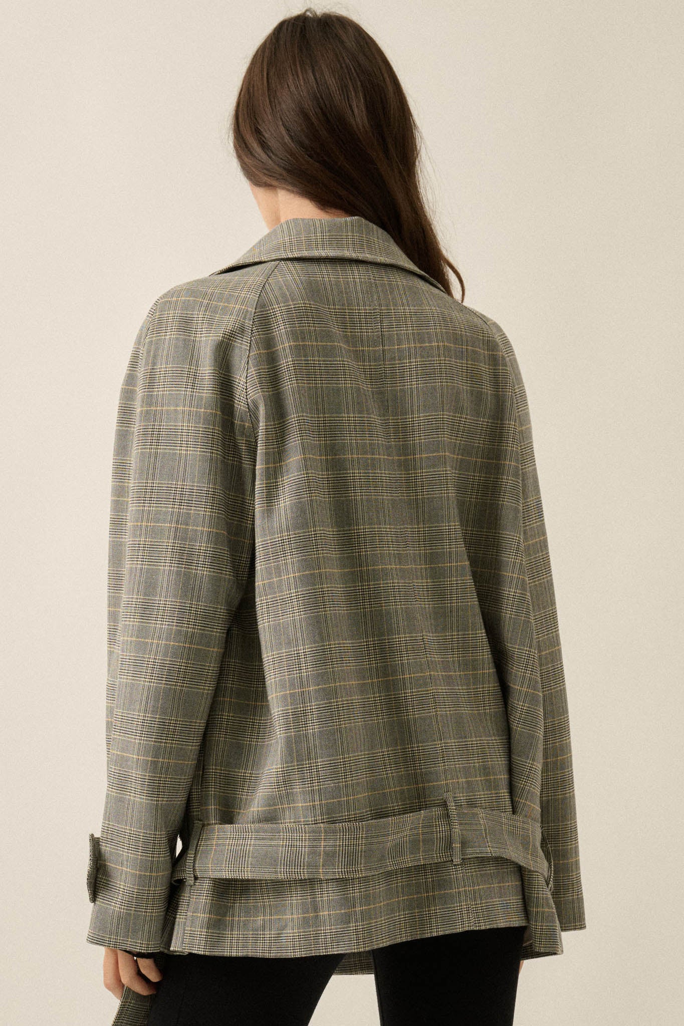 Plaid News Funnel-Neck Double-Breasted Belted Jacket - ShopPromesa