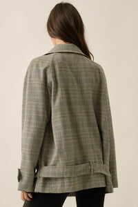 Plaid News Funnel-Neck Double-Breasted Belted Jacket - ShopPromesa