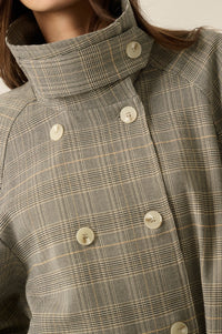 Plaid News Funnel-Neck Double-Breasted Belted Jacket - ShopPromesa