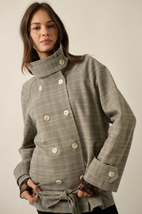 Plaid News Funnel-Neck Double-Breasted Belted Jacket - ShopPromesa