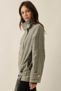 Plaid News Funnel-Neck Double-Breasted Belted Jacket - ShopPromesa