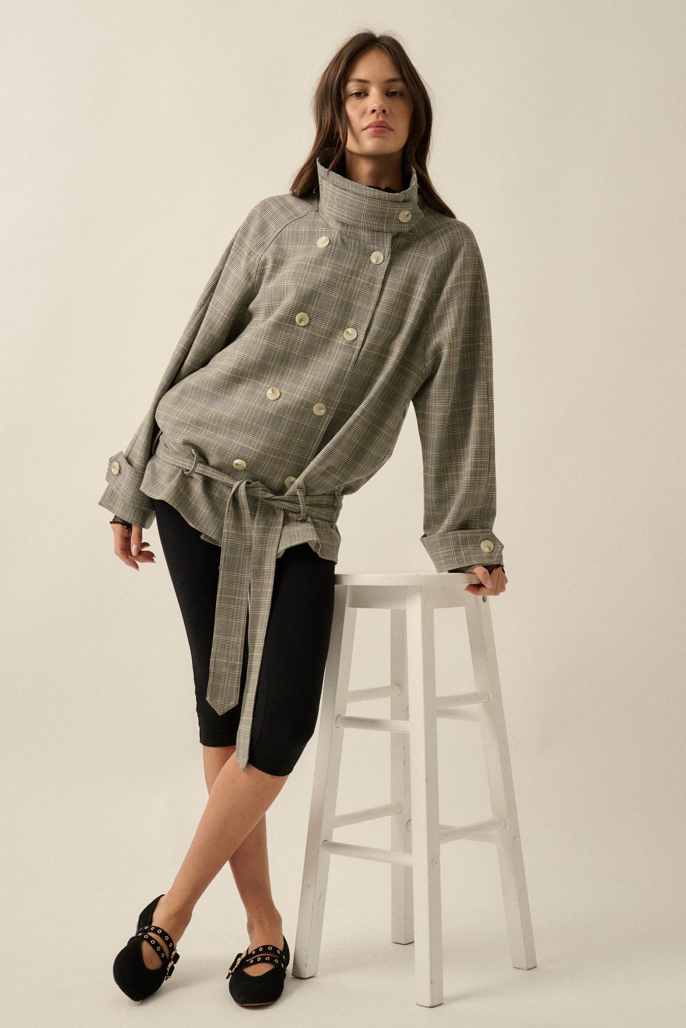 Plaid News Funnel-Neck Double-Breasted Belted Jacket - ShopPromesa