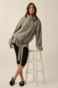 Plaid News Funnel-Neck Double-Breasted Belted Jacket - ShopPromesa