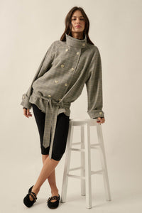 Plaid News Funnel-Neck Double-Breasted Belted Jacket - ShopPromesa