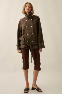 Plaid News Funnel-Neck Double-Breasted Belted Jacket - ShopPromesa