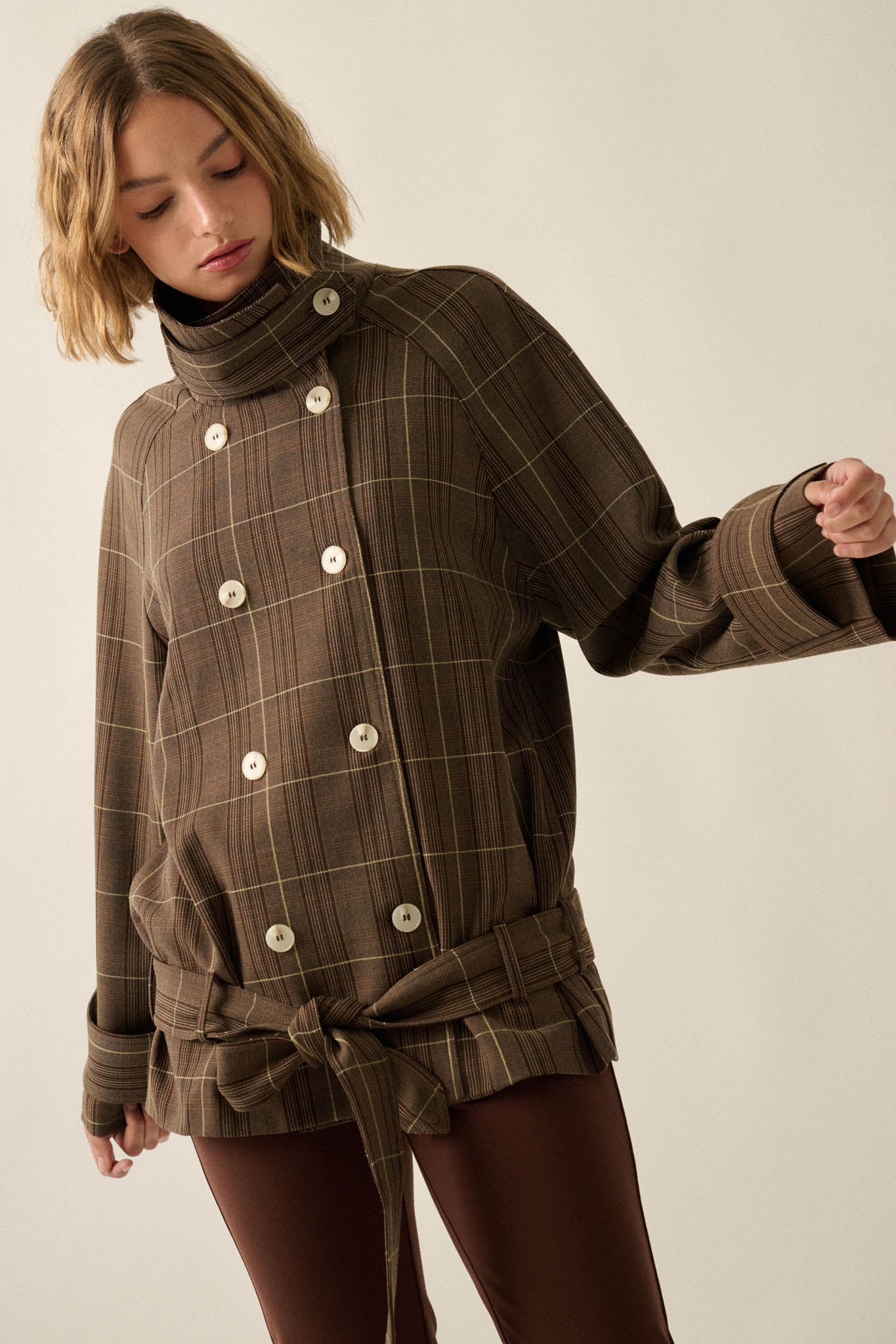 Plaid News Funnel-Neck Double-Breasted Belted Jacket - ShopPromesa