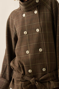 Plaid News Funnel-Neck Double-Breasted Belted Jacket - ShopPromesa