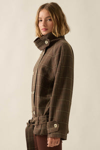 Plaid News Funnel-Neck Double-Breasted Belted Jacket - ShopPromesa