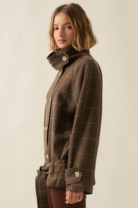 Plaid News Funnel-Neck Double-Breasted Belted Jacket - ShopPromesa