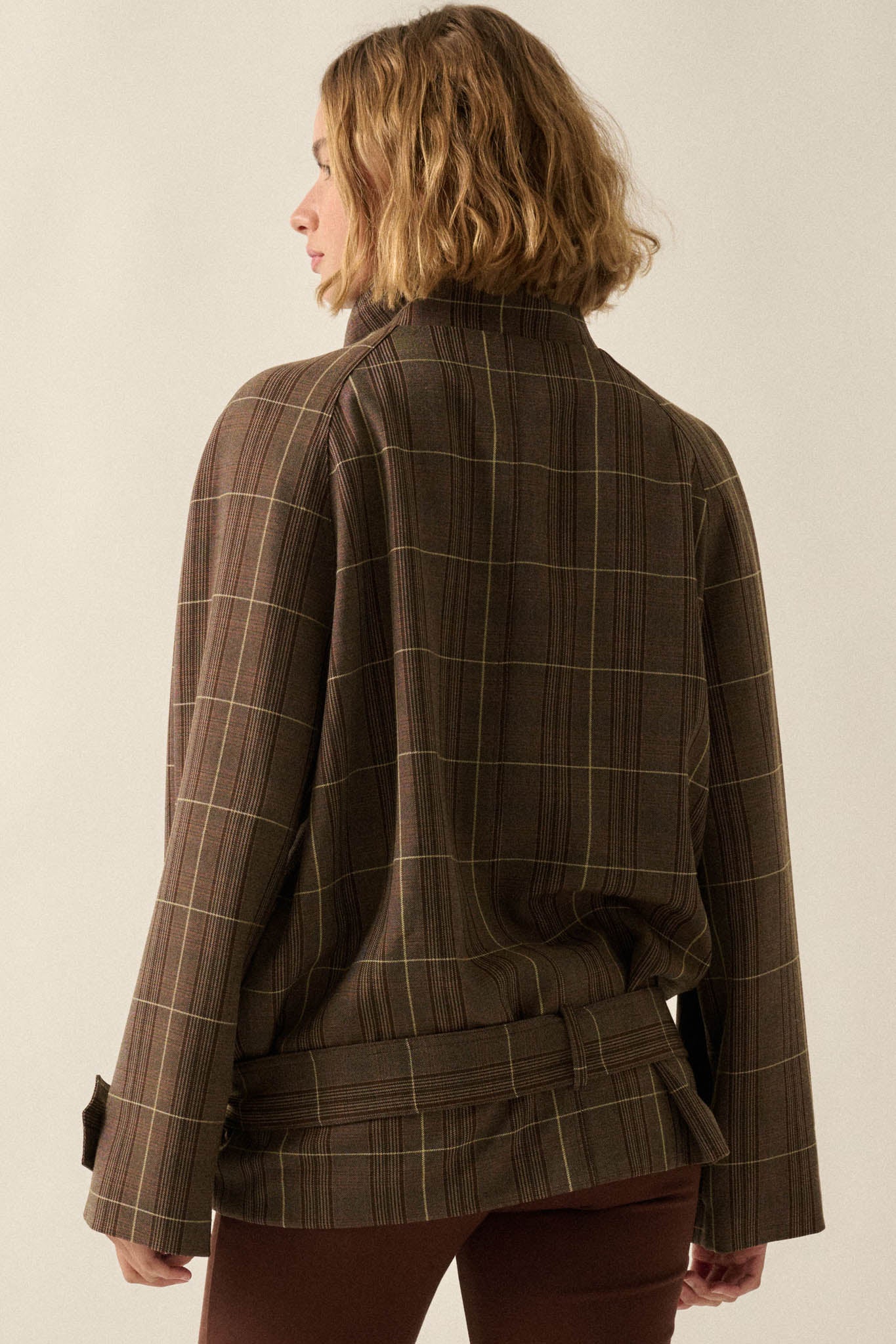 Plaid News Funnel-Neck Double-Breasted Belted Jacket - ShopPromesa