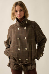 Plaid News Funnel-Neck Double-Breasted Belted Jacket - ShopPromesa