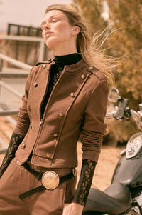 Marching On Button-Trim Zip-Up Military Band Jacket - ShopPromesa