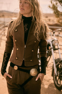 Marching On Button-Trim Zip-Up Military Band Jacket - ShopPromesa