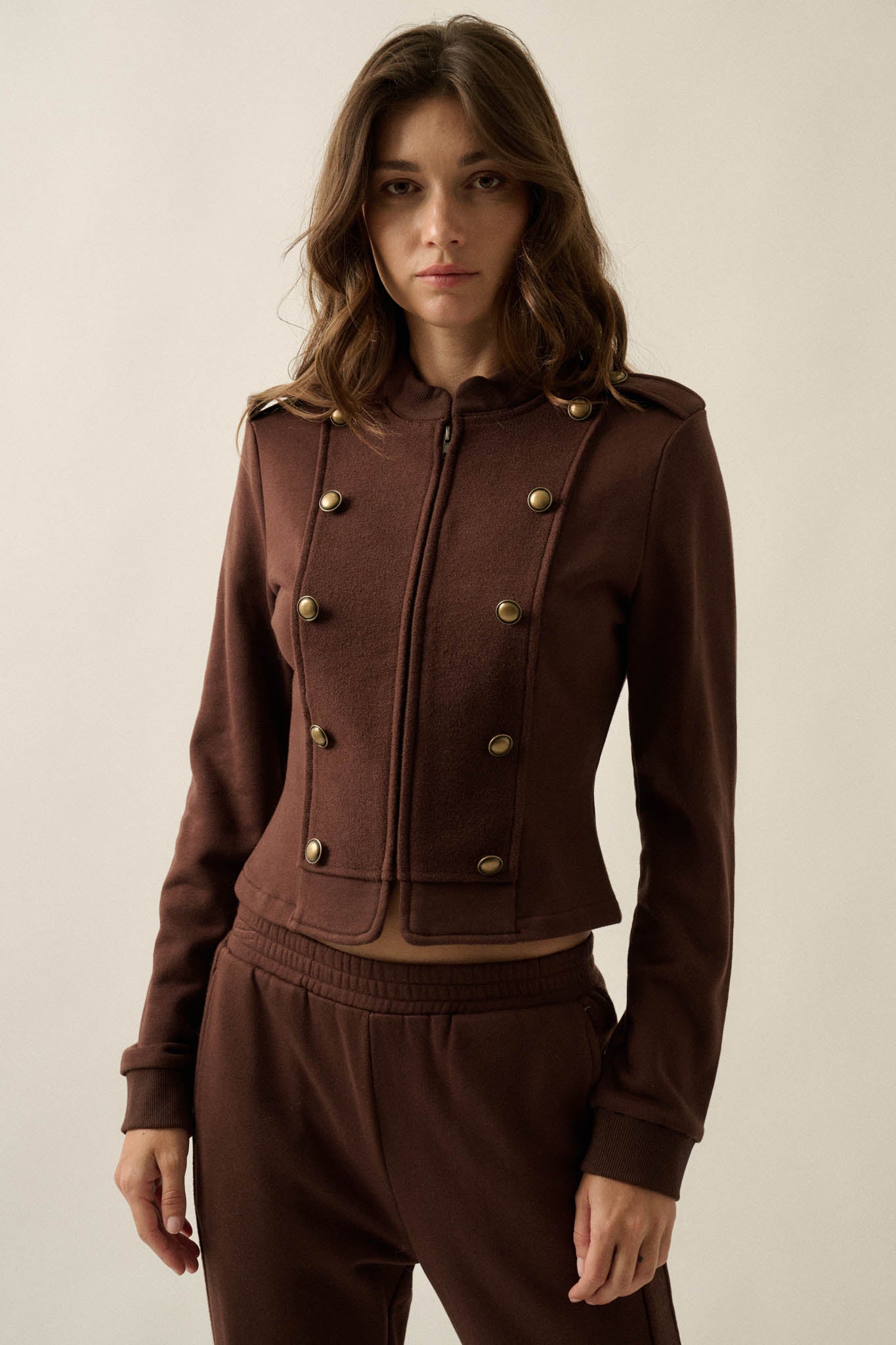Marching On Button-Trim Zip-Up Military Band Jacket - ShopPromesa
