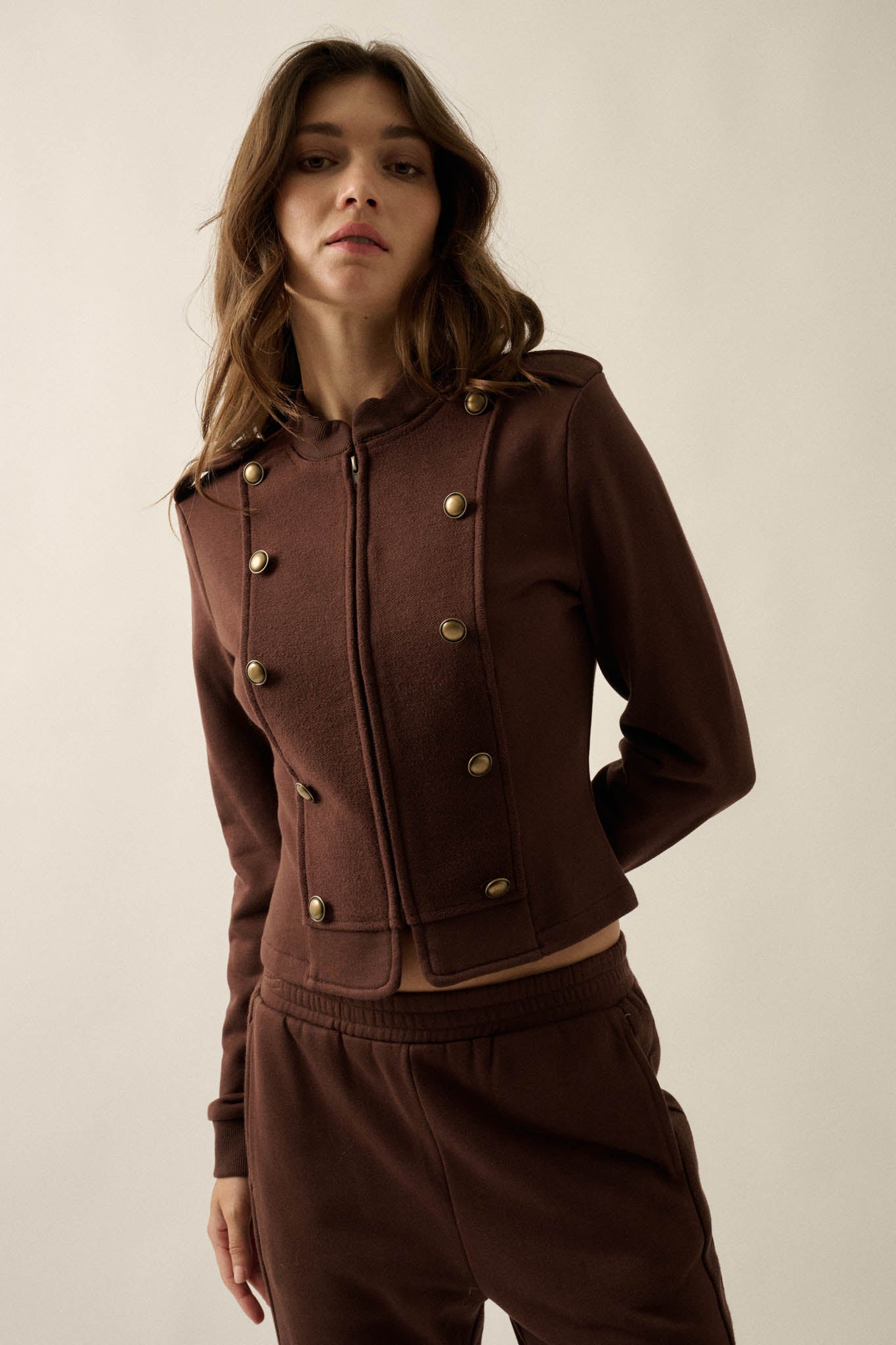 Marching On Button-Trim Zip-Up Military Band Jacket - ShopPromesa