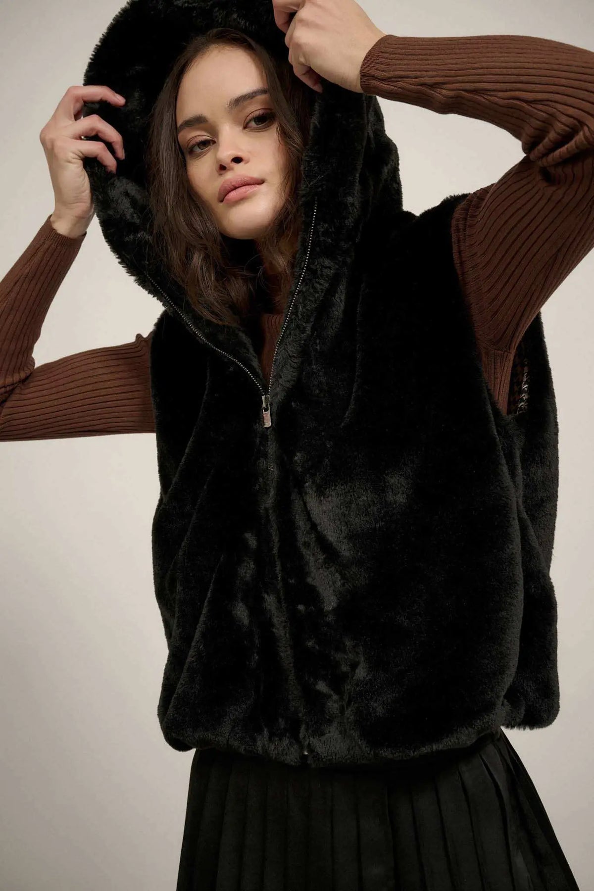 Bear With Me Faux Fur Hooded Vest Black / S