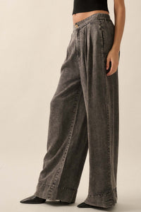 Walk It Off Acid-Wash Denim Pleated Wide-Leg Pants - ShopPromesa