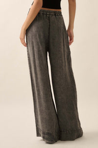 Walk It Off Acid-Wash Denim Pleated Wide-Leg Pants - ShopPromesa