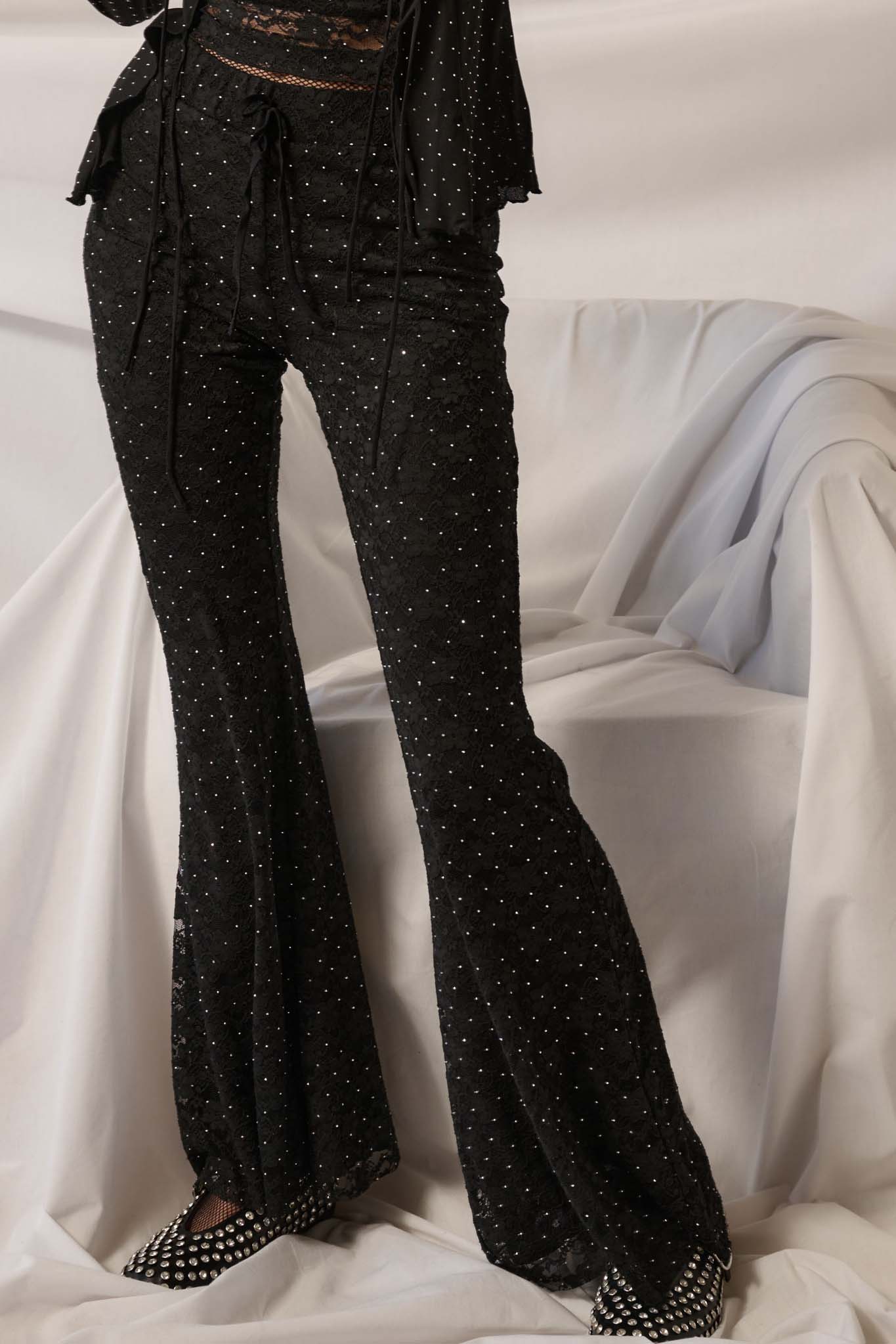 Rising Star Studded Floral Lace Flare Pants - ShopPromesa