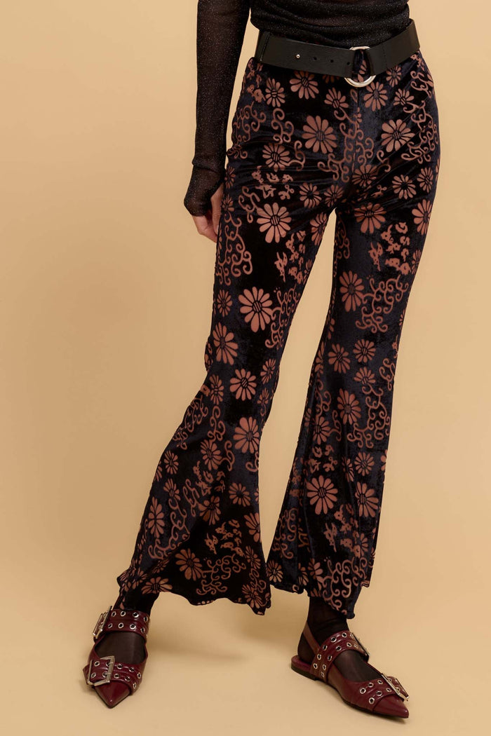 Daisy Delight Floral Burnout Velvet Flare Pants - ShopPromesa