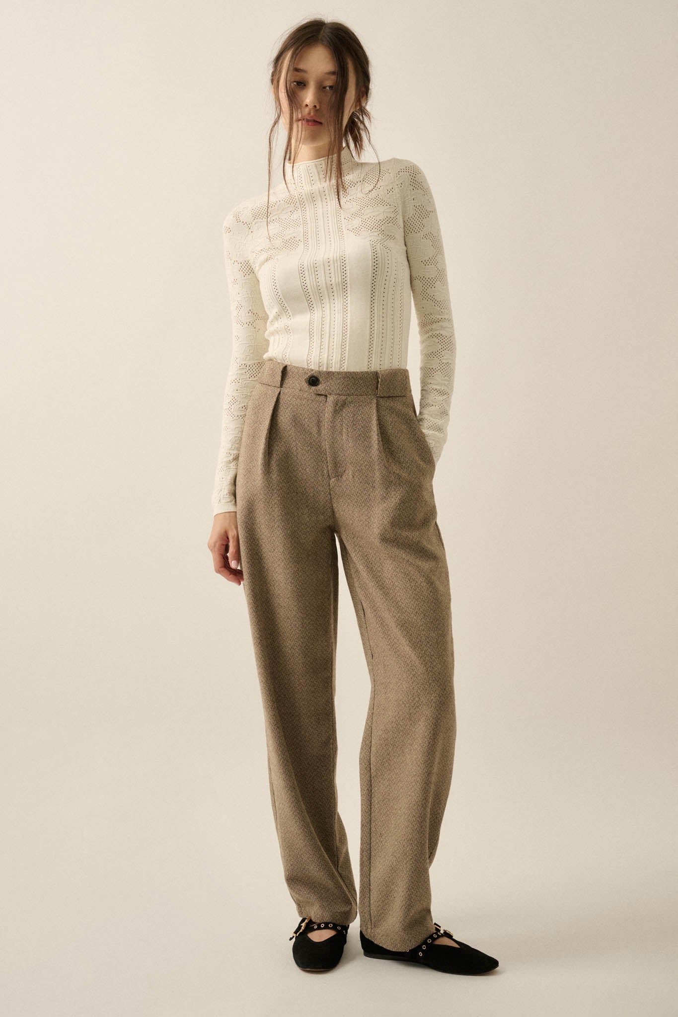 Road Ahead Herringbone Tweed Pleated Pants - ShopPromesa