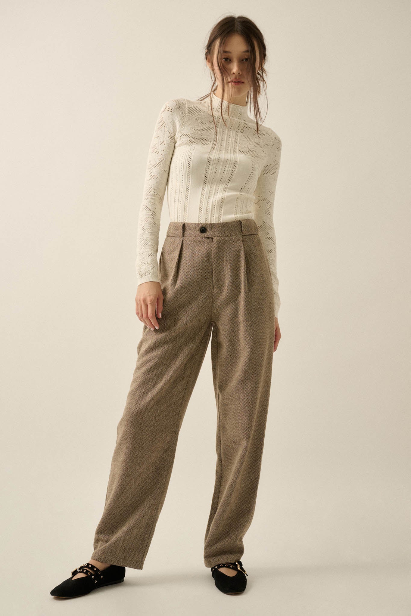 Road Ahead Herringbone Tweed Pleated Pants - ShopPromesa
