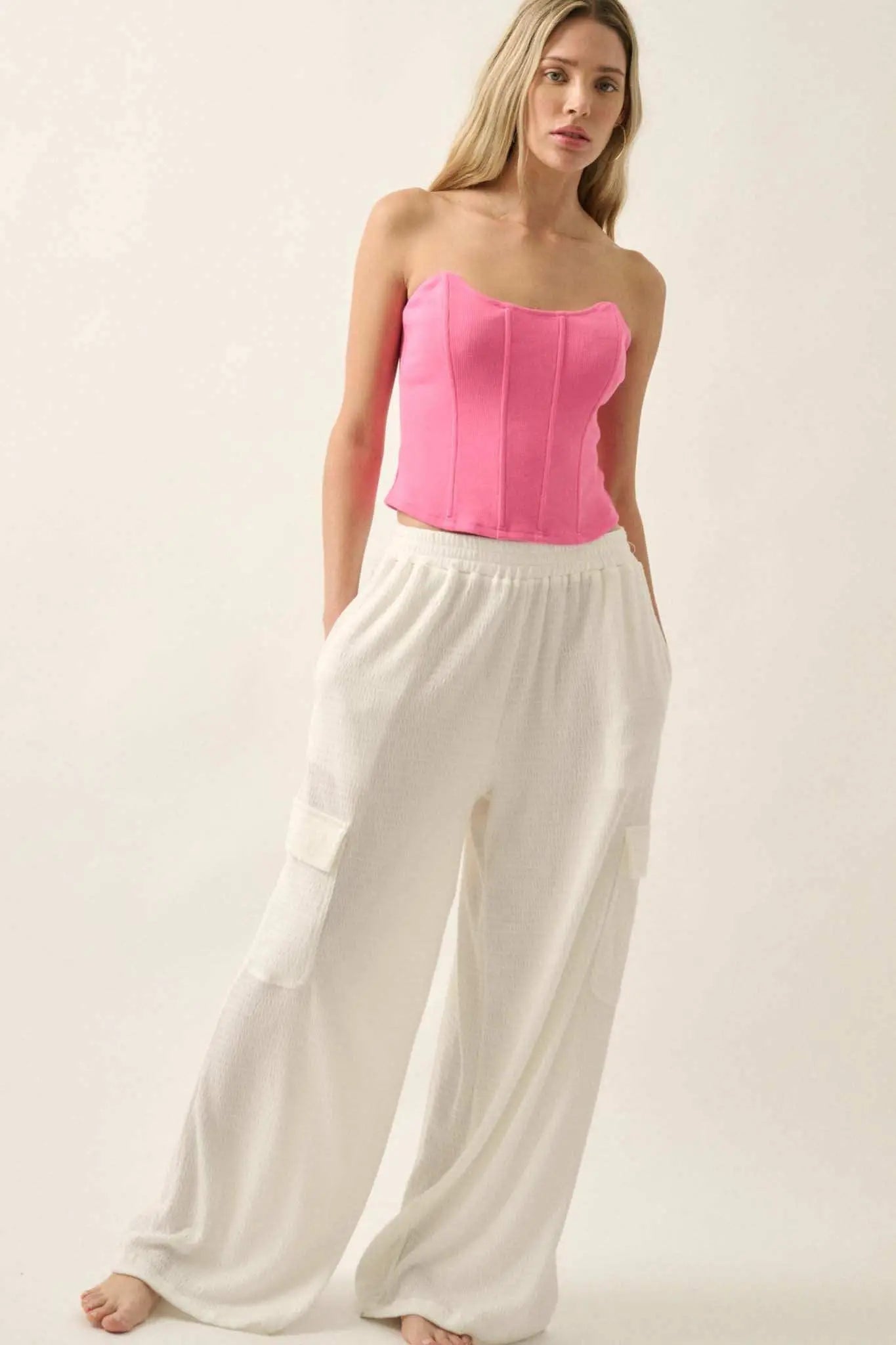 Smocked Jersey Wide-Leg Cargo Lounge Pants - ShopPromesa