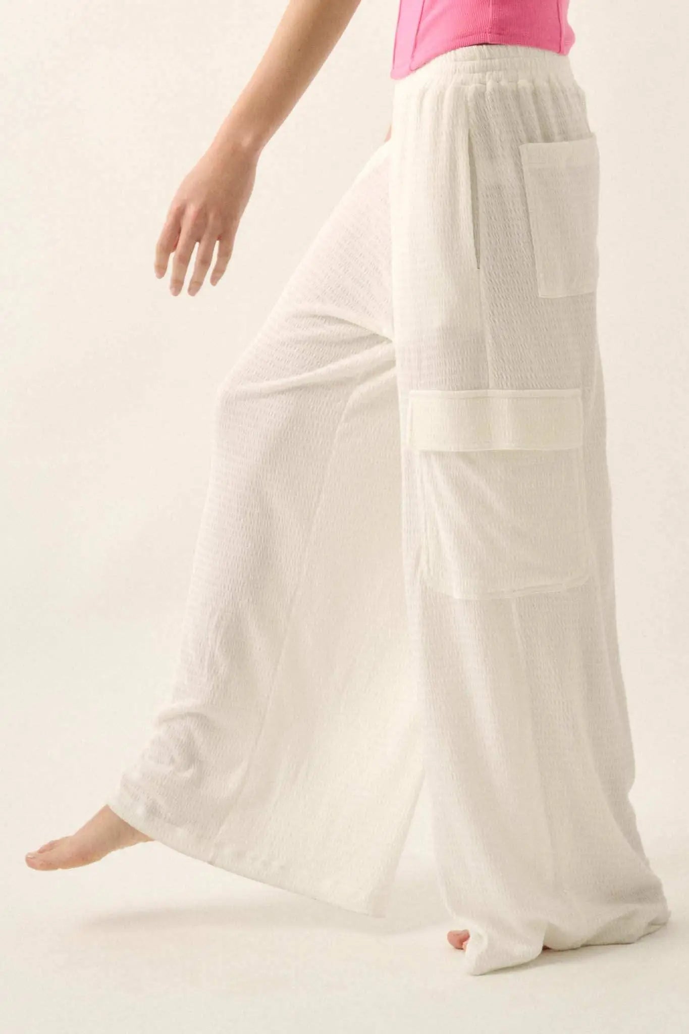 Smocked Jersey Wide-Leg Cargo Lounge Pants - ShopPromesa