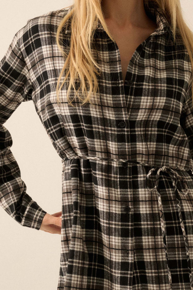 Personal Day Plaid Flannel Belted Shirt Romper - ShopPromesa