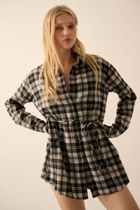 Personal Day Plaid Flannel Belted Shirt Romper - ShopPromesa