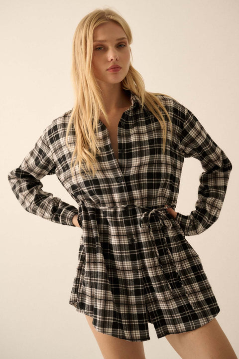 Personal Day Plaid Flannel Belted Shirt Romper - ShopPromesa