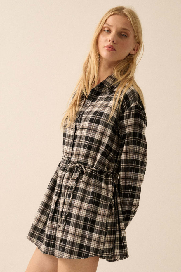 Personal Day Plaid Flannel Belted Shirt Romper - ShopPromesa