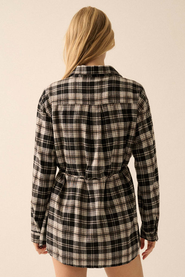 Personal Day Plaid Flannel Belted Shirt Romper - ShopPromesa