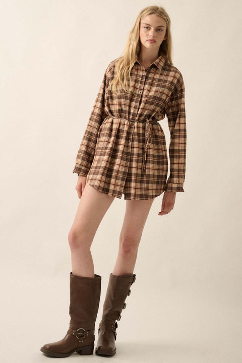 Personal Day Plaid Flannel Belted Shirt Romper - ShopPromesa