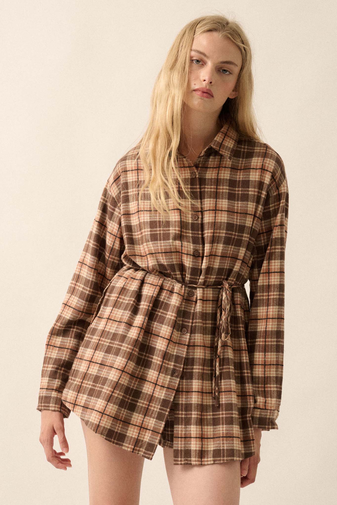 Personal Day Plaid Flannel Belted Shirt Romper - ShopPromesa