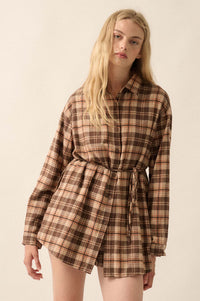 Personal Day Plaid Flannel Belted Shirt Romper - ShopPromesa