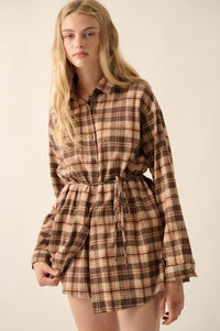 Personal Day Plaid Flannel Belted Shirt Romper - ShopPromesa