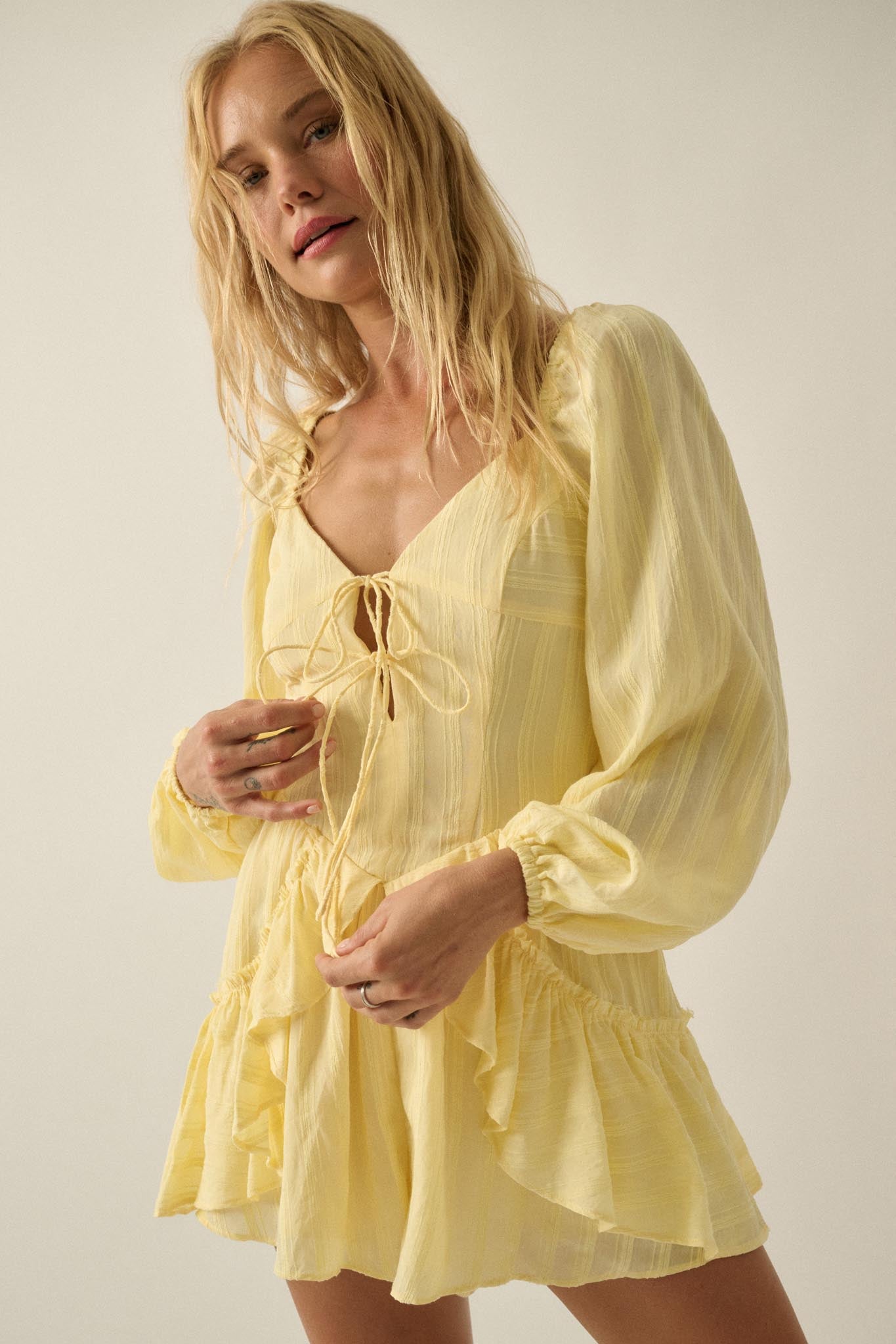 Life Is Sweet Striped Ruffle Tie-Front Romper - ShopPromesa