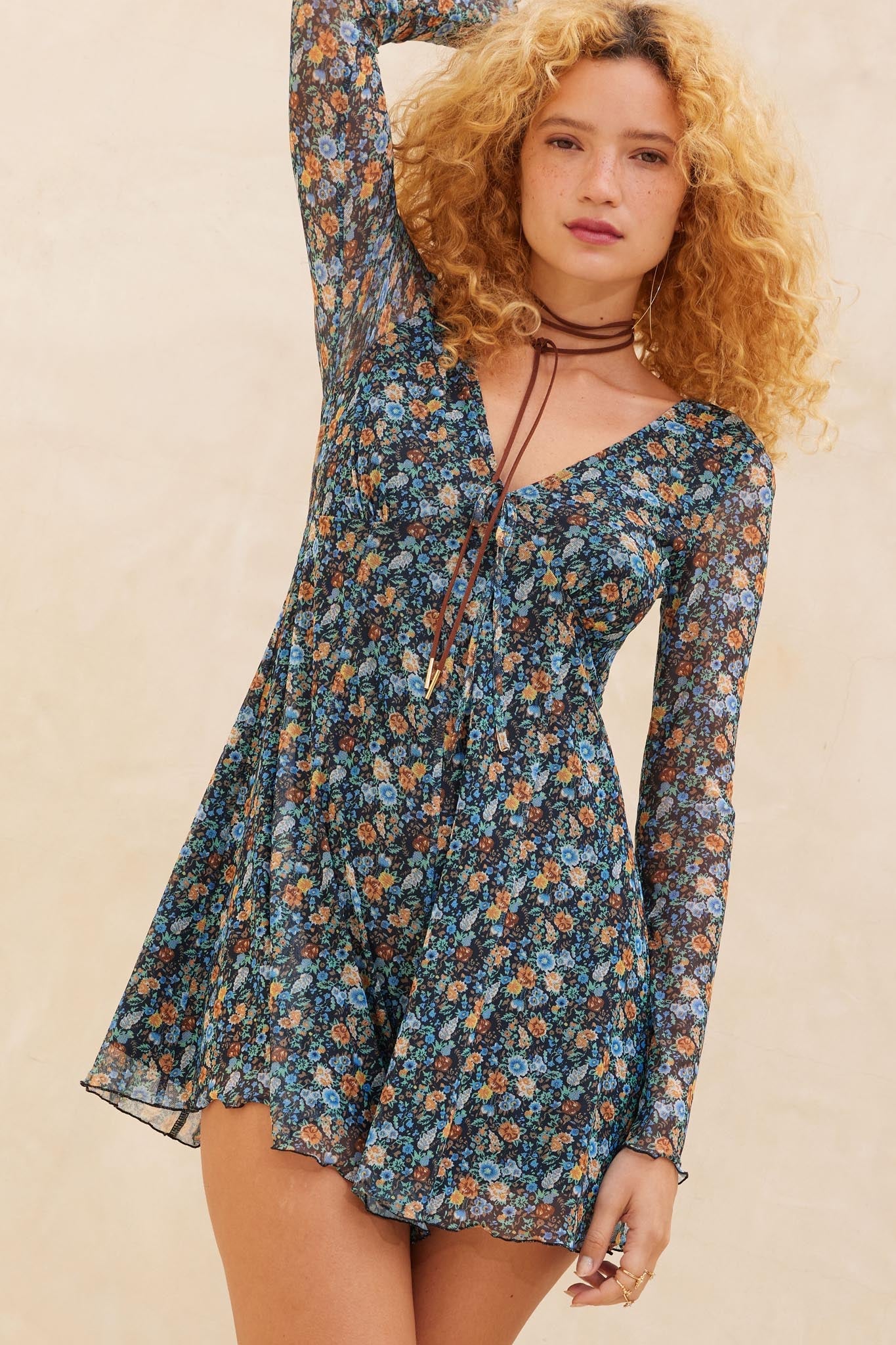 Bright Breeze Floral Mesh Long-Sleeve Romper, Black / L Bright Breeze Floral Mesh Long-Sleeve Romper, Black / L