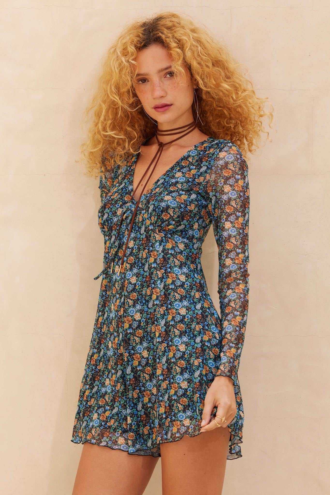 Bright Breeze Floral Mesh Long-Sleeve Romper, Black / L Bright Breeze Floral Mesh Long-Sleeve Romper, Black / L