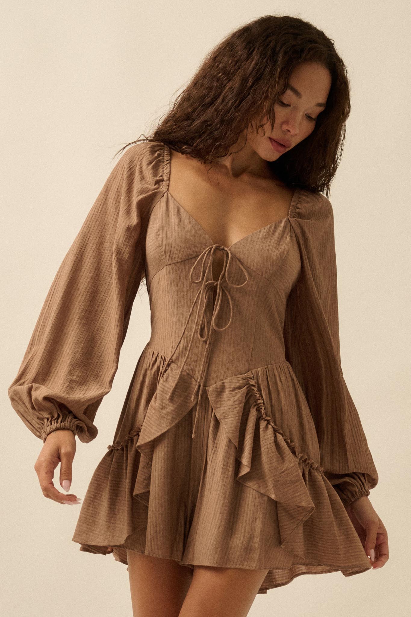 Lost in Love Tie-Front Ruffled Peasant Romper