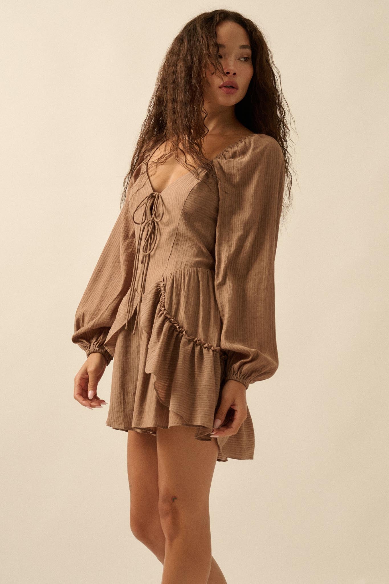 Lost in Love Tie-Front Ruffled Peasant Romper