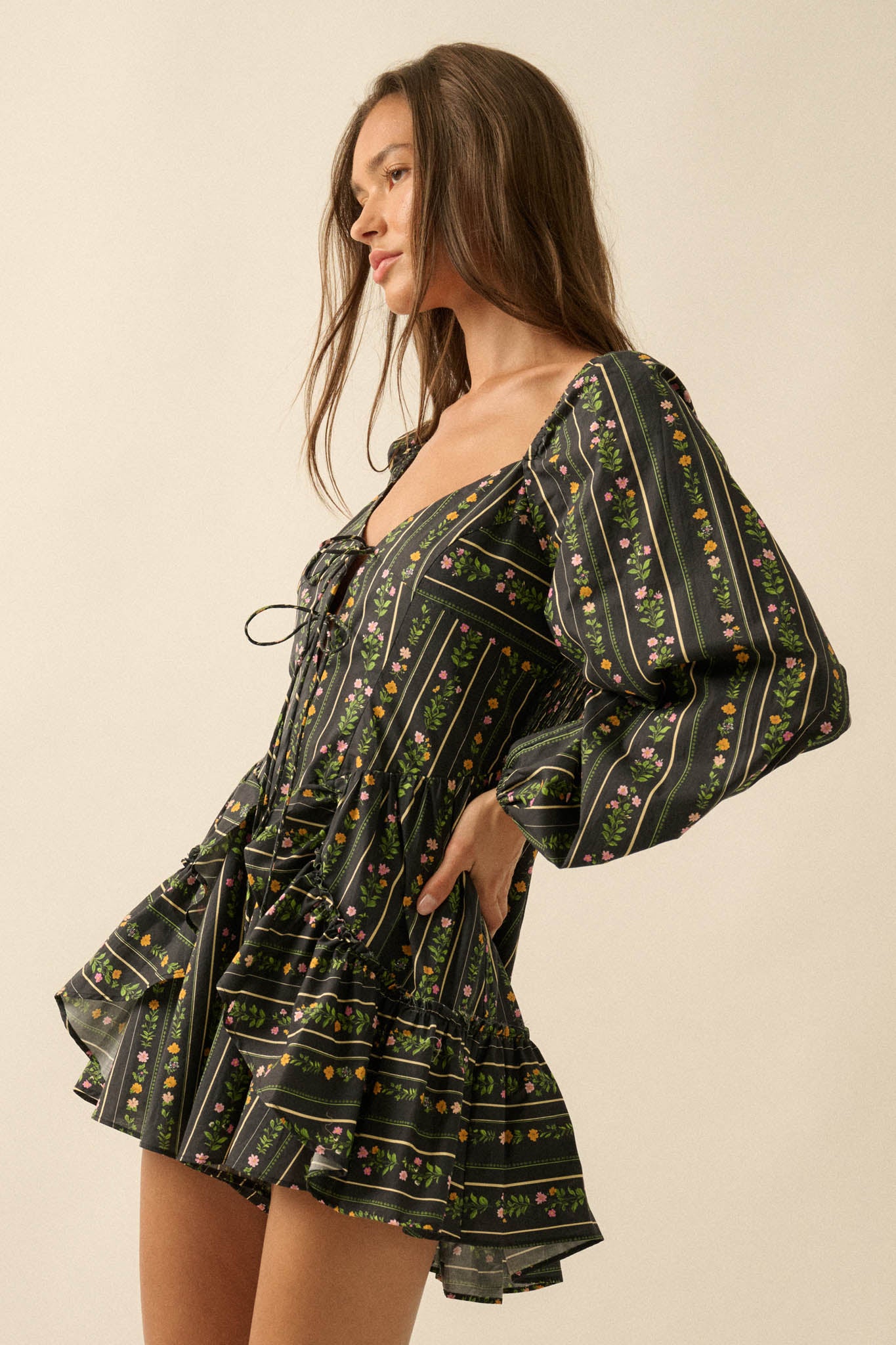 Floral Fields Floral-Stripe Ruffled Tie-Front Romper - ShopPromesa